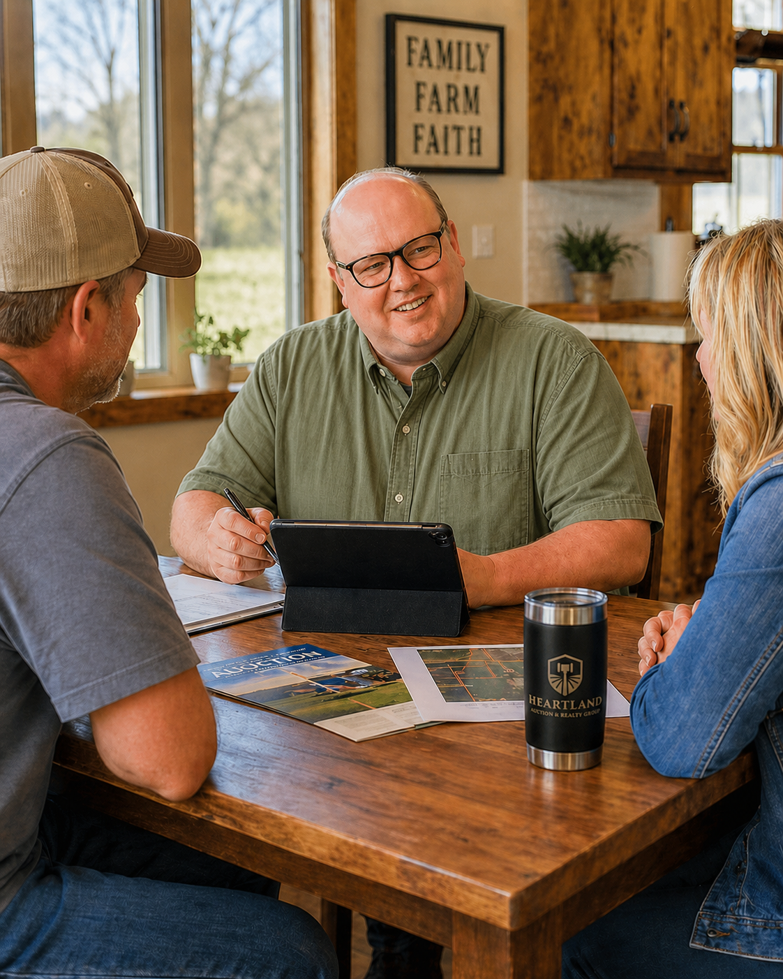 Aaron Boone meeting with a couple at a table discussing estate real estate options in Missouri